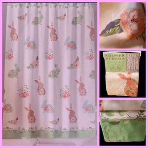 Spring Floral Easter Bunny Fabric Shower Curtain Bathroom Decor 72x72 Inch NEW